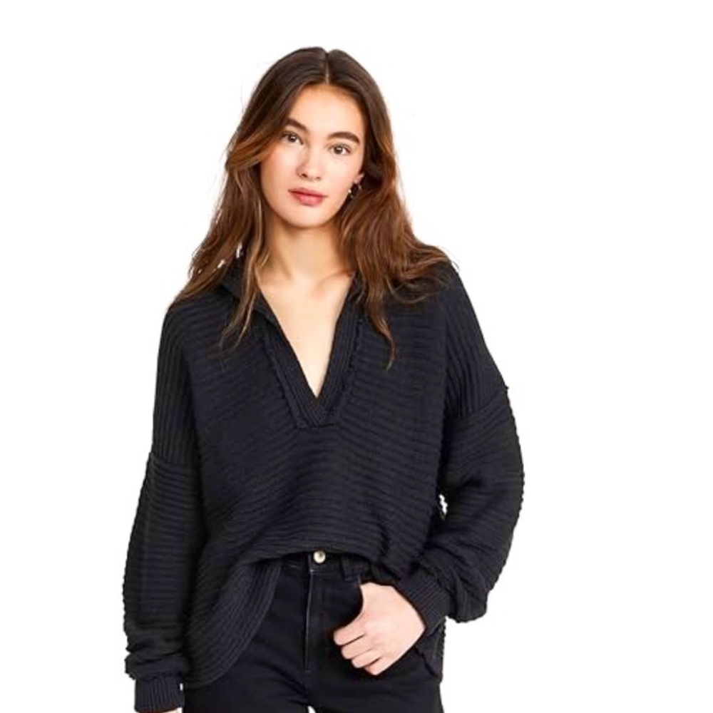 Free People Black Ribbed V-Neck Sweater